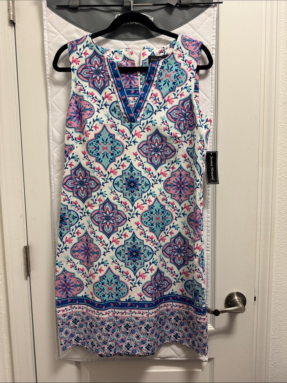 Jessica Howard White Midi Dress with Blue and Pink Medallion Print